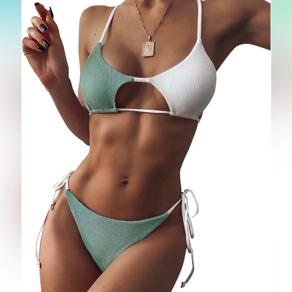 Zaful Halter Keyhole Bikini NWT M - White & Turquoise